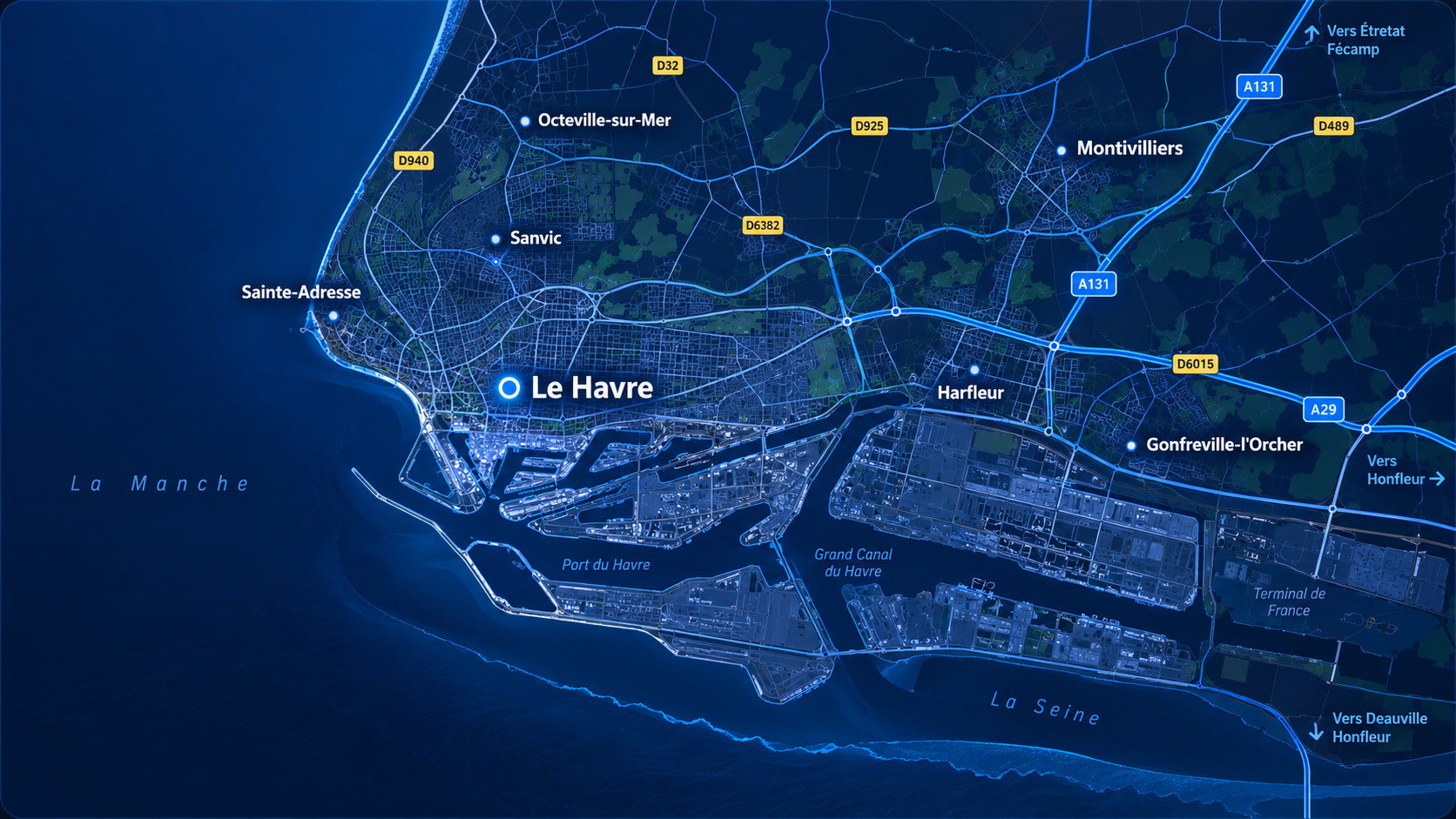 Carte réaliste du Havre et des communes voisines dans les tons bleus